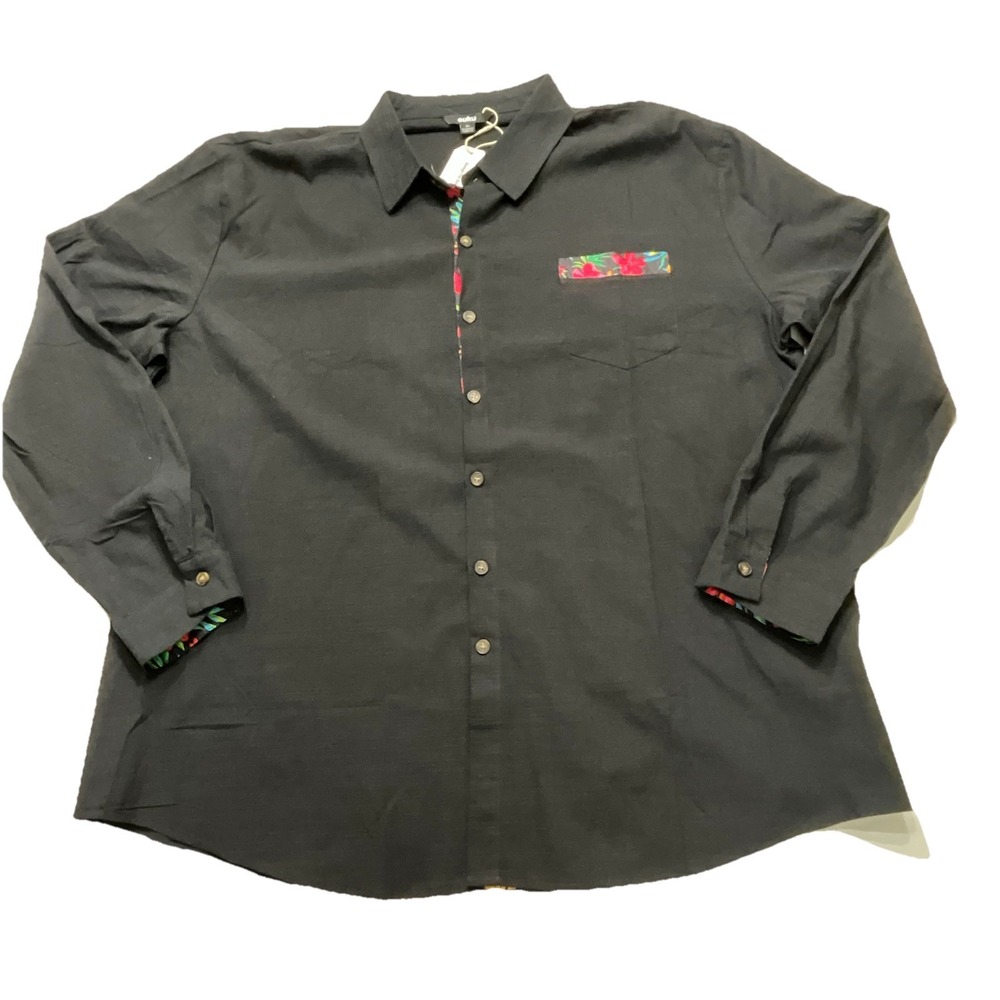 Ouku Mens 3XL Black‎ Button Up Floral Trim Long Sleeve Cotton Linen Shirt